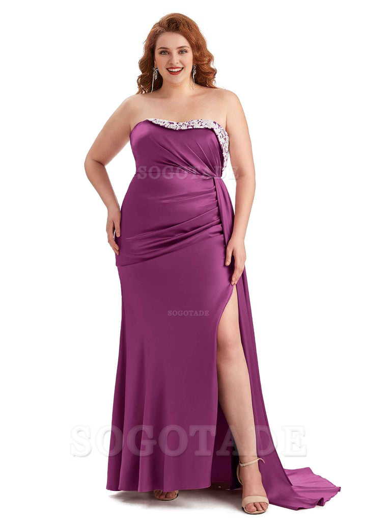 Sexy Side Slit Strapless Mermaid Lace Soft Satin Long Plus Size Maid of Honor Dresses