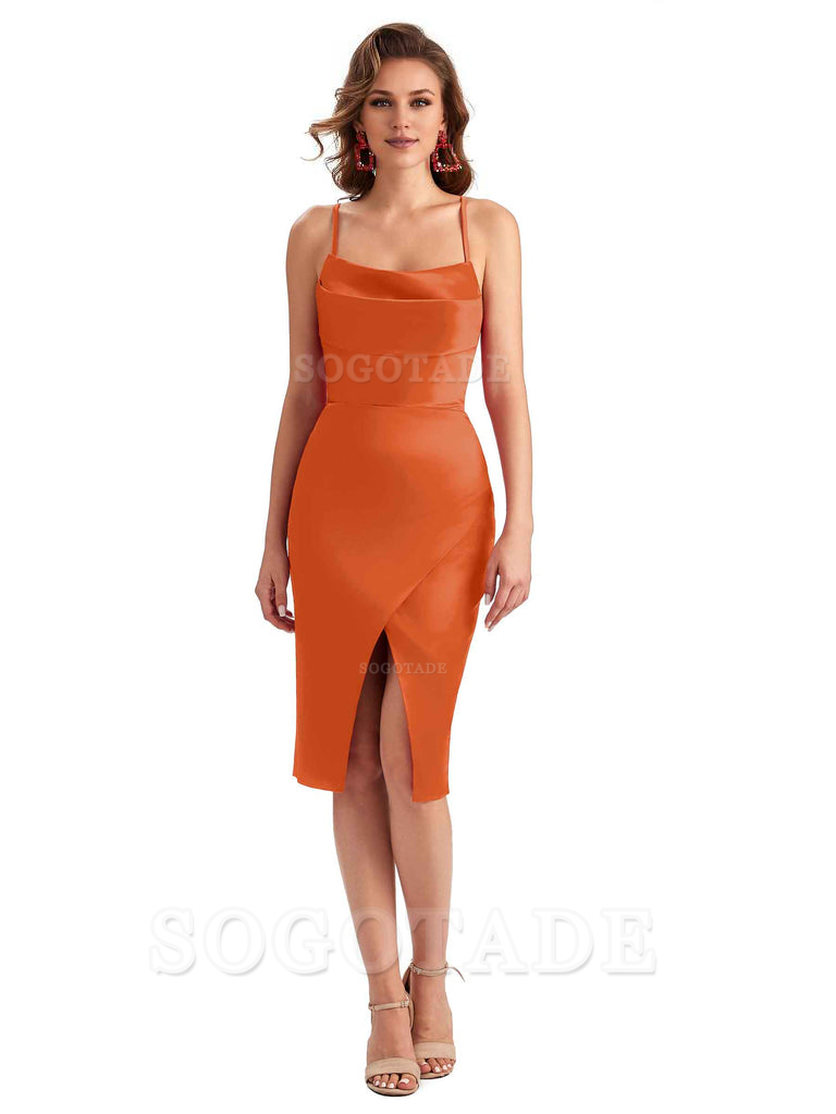 Elegant Spaghetti Straps Mermaid Soft Satin Knee Length Short Bridesmaid Dresses