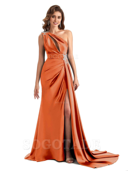 Sexy Side Slit Mermaid Soft Satin One Shoulder Lace Long Modern Bridesmaid Dresses