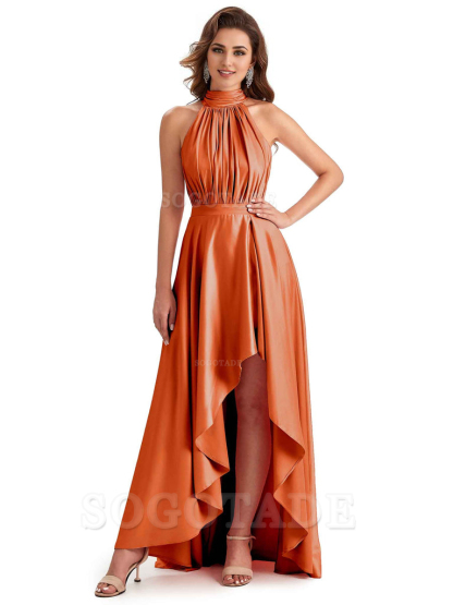 Soft Satin High Neck High Low A-Line Unique Bridesmaid Dresses Online