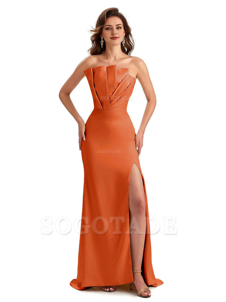 Unique Soft Satin Side Slit Asymmetrical Neckline Mermaid Long Bridesmaid Dresses