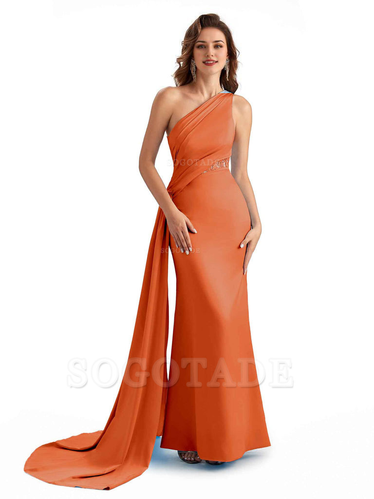 Sexy Mermaid Silky Satin One Shoulder Lace See Through Long Bridesmaid Dresses Online