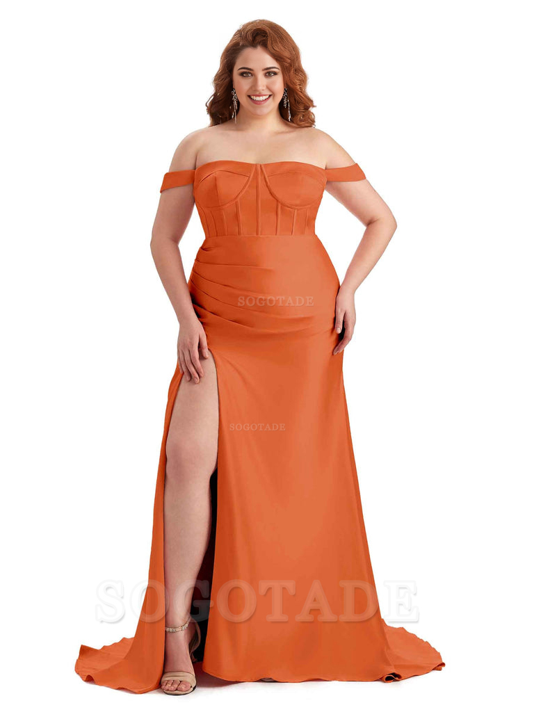 Elegant Off The Shoulder Side Slit Mermaid Soft Satin Floor Length Long Plus Size Bridesmaid Gowns