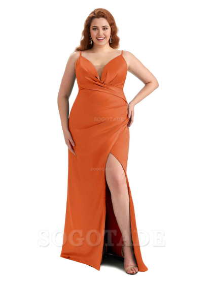 Sexy Side Slit Spaghetti Straps Sleeveless Mermaid V-neck Soft Satin Long Plus Size Bridesmaid Dress For Wedding