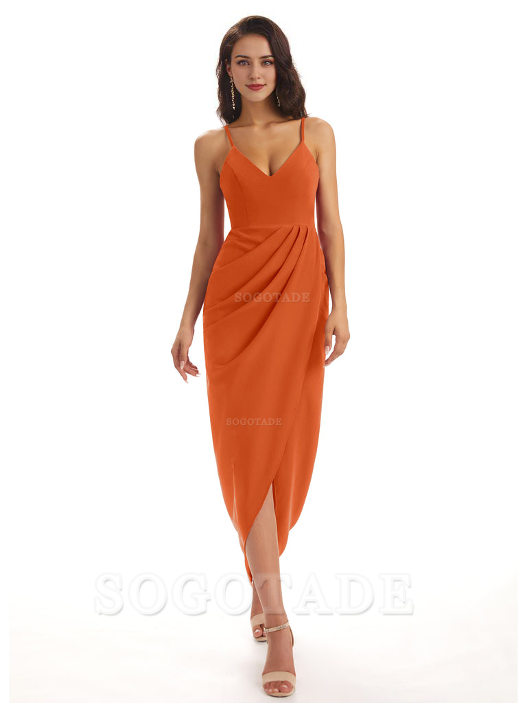 Simple Soft Satin Spaghetti Straps Mermaid Midi Bridesmaid Dresses prom shop dresses