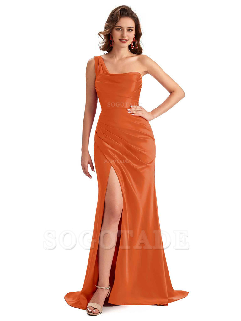 Sexy One Shoulder Side Slit Silky Satin Chic Long Mermaid Trumpet Bridesmaid Dress