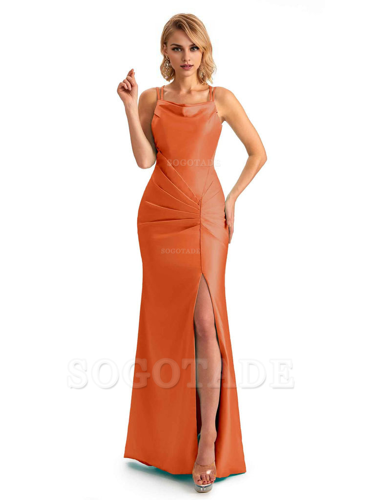 Soft Satin Spaghetti Straps Side Slit Long Unique Mermaid Beautiful Dresses For Wedding
