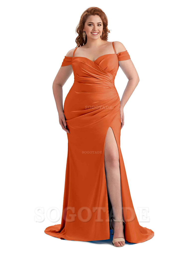 Sexy Side Slit Sleeveless Cold Shoulder Mermaid Soft Satin Long Plus Size Maid of Honor Dresses