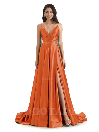 Spaghetti Straps Satin formal dresses evening gown Bridesmaid Dresses With Side Slit 