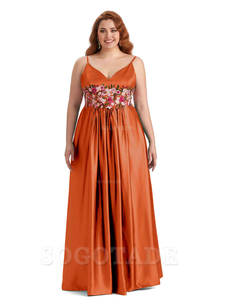 Unique Lace Spaghetti Straps Sleeveless Soft Satin Long Plus Size Bridesmaid Dress For Wedding