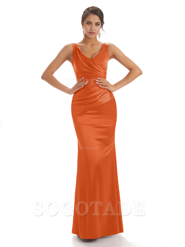 Sheath Sleeveless V-neck Floor-Length Satin formal dresses evening gown Bridesmaid Dresses With Pleats 