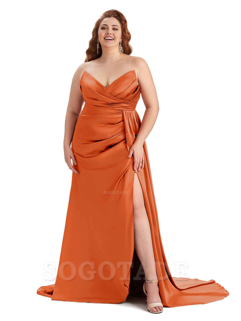 Sexy V-neck Side Slit Sleeveless Mermaid Soft Satin Long Plus Size Bridesmaid Gowns