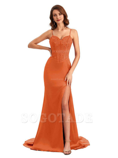 Sexy Side Slit Mermaid Silky Satin V-Neck Lace Unique Long Bridesmaid Dresses