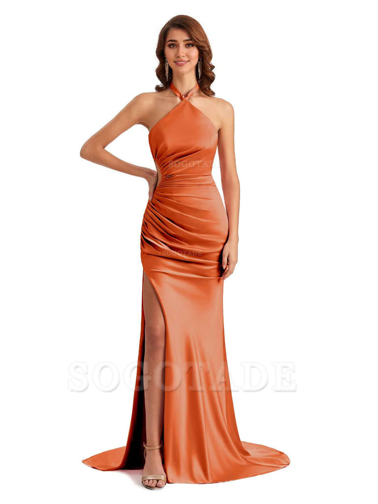 Sexy Halter Mermaid Silky Satin Unique Long Formal Wedding Guest Dresses