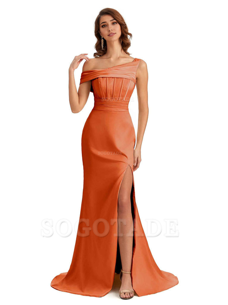 Elegant Asymmetrical Neck Soft Satin Side Slit Long Mermaid Bridesmaid Dresses