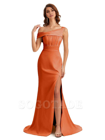Elegant Asymmetrical Neck Soft Satin Side Slit Long Mermaid Bridesmaid Dresses