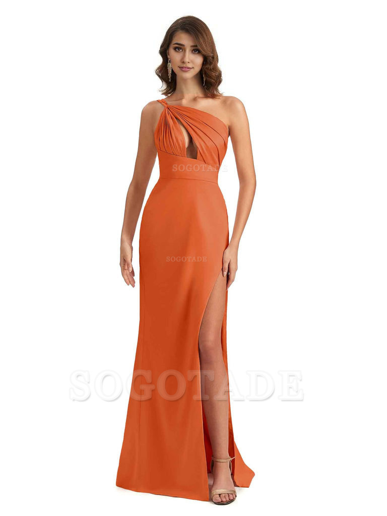 Sexy One Shoulder Silky Satin Unique Long Ladies Bridesmaid Dress For Wedding