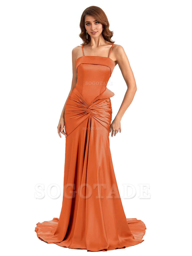 Sexy Mermaid Spaghetti Straps Silky Satin Unique Long Bridesmaid Dress For Wedding
