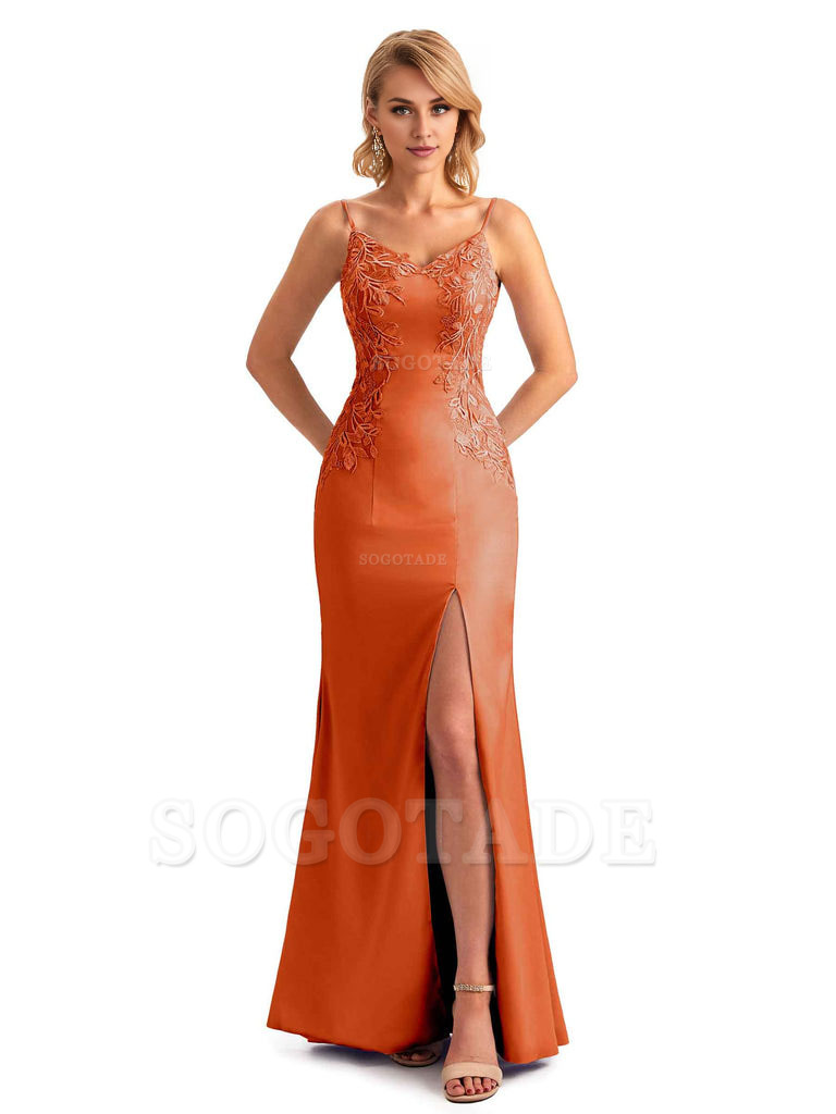 Sexy Side Split Mermaid Spaghetti Straps Soft Satin Unique Lace Long Bridesmaid Dresses