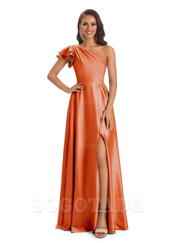 A-Line One Shoulder Ladies Long Bridesmaid Dresses Soft Satin Side Slit Elegant Evening Party Dress