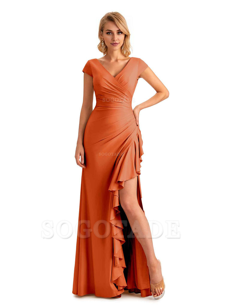 Sexy Side Slit Short Sleeves Mermaid Soft Satin Unique Long Maid Of Honor Dresses