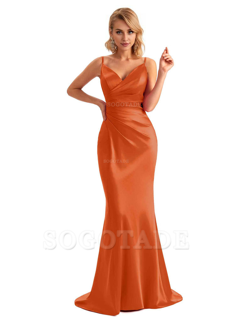  Sexy Backless Mermaid Spaghetti Straps Unique Long Formal Satin Dress For Women
