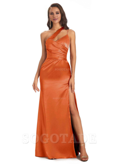 Elegant Soft Satin Side Slit One Shoulder Floor-Length Maxi Bridesmaid Dresses Evening Party Dress