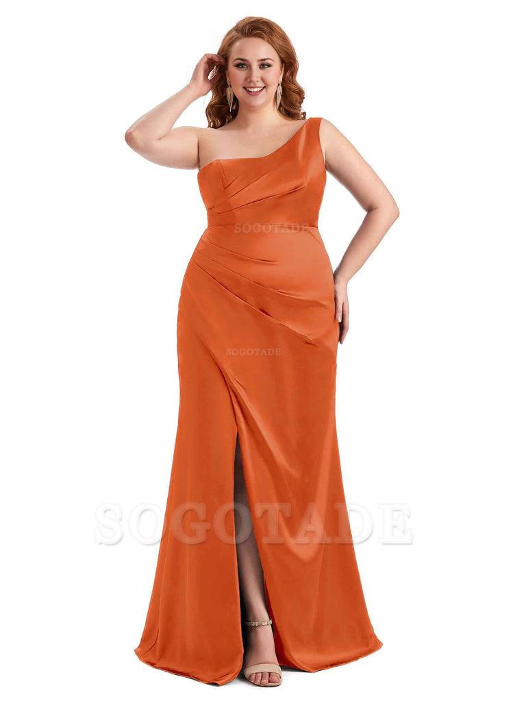 Sexy Side Slit One Shoulder Mermaid Long Plus Size Satin Maxi Dresses