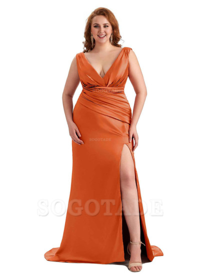 Elegant V-neck Side Slit Mermaid Soft Satin Long Plus Size Bridesmaid Dress For Wedding