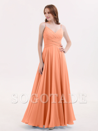 V-neck Fine Shoulder Strap Floor Length Chiffon Bridesmaid Dresses Online