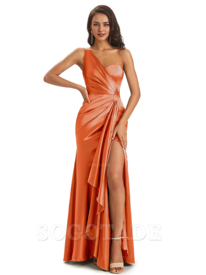 Elegant Soft Satin Side Slit One Shoulder Unique Mermaid Bridesmaid Dresses Online prom dresses shops