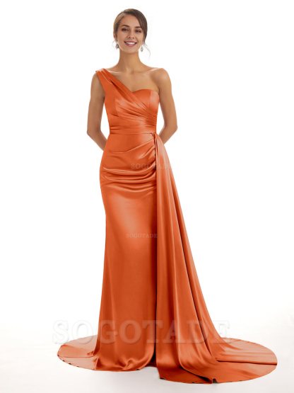 Elegant One Shoulder Soft Satin Unique Mermaid Long Bridesmaid Dresses Online prom dresses shops