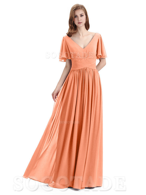 A-Line Chiffon Short Sleeves Elegant Floor-Length Bridesmaid Dresses Formal Women's Dresses Wedding Guests Dresses