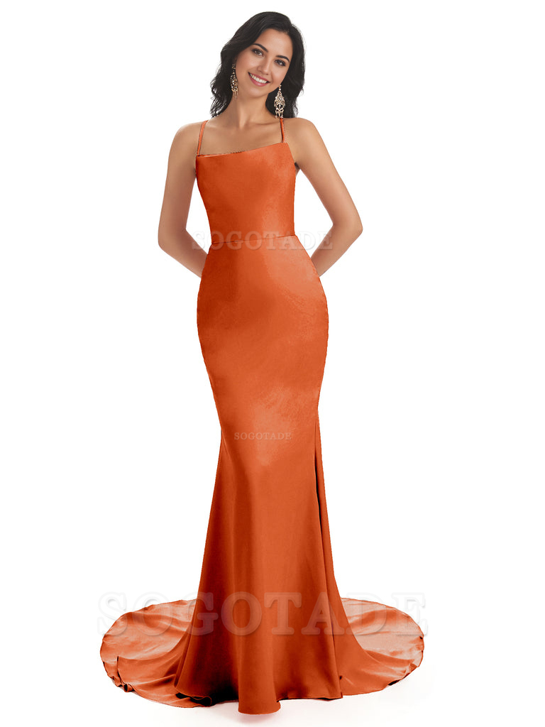 Mermaid Spaghetti Backless Straps Satin Long formal dresses evening gown Bridesmaid Dresses