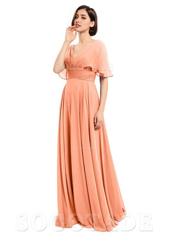  V-Neck Cap Sleeves Sleeves Chiffon Long Elegant Bridesmaid Dresses Formal Wear Dresses