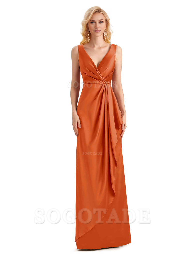 V Neck Elegant Soft Satin Formal Long Maid Bridesmaid Dresses Formal Wear Dresses