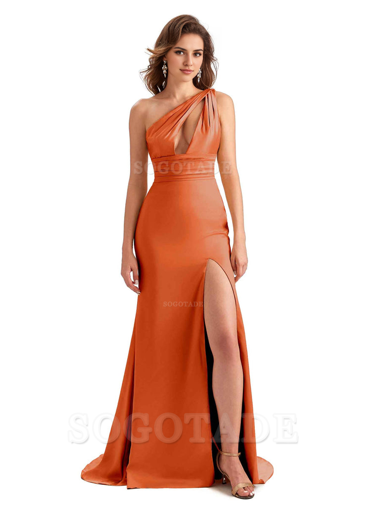 Charming Sexy Unique Side Slit Mermaid Silky One Shoulder Long Bridesmaid Dresses Formal Women's Dresses Wedding Guests Dresses
