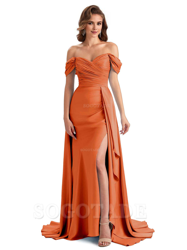 Sexy Side Slit Mermaid Soft Satin Off The Shoulder Long Unique Bridesmaid Dresses prom dress in store
