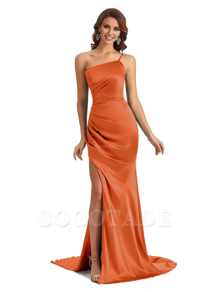 Sexy Silky Satin Side Slit One Shoulder Unique Long Wedding Guest Maxi Dresses