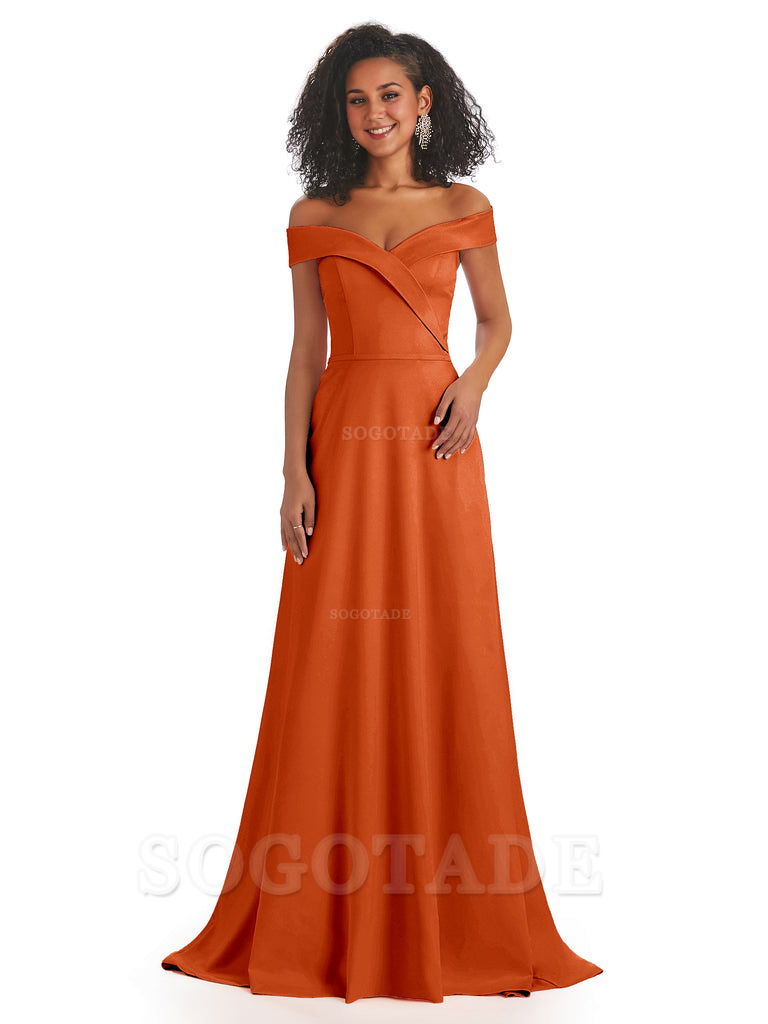 Soft Satin Off The Shoulder Long A-Line African Bridesmaid Dresses prom dress stores ﻿