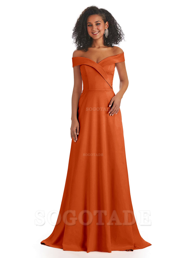 Soft Satin Off The Shoulder Long A-Line African Bridesmaid Dresses prom dress stores ﻿
