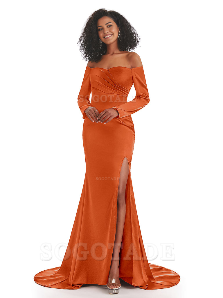 Mermaid Long Sleeve Satin formal dresses evening gown Bridesmaid Dresses With Side Slit 