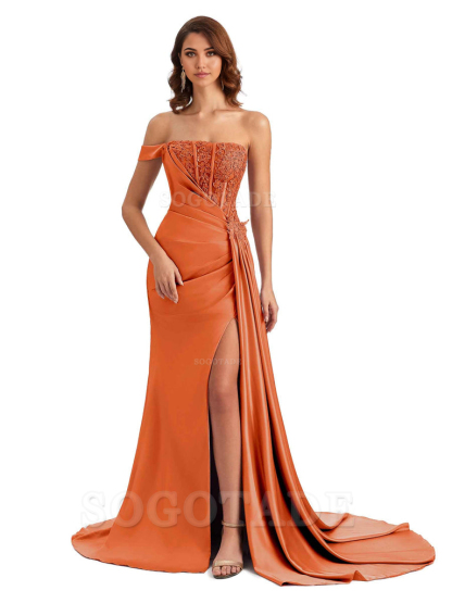 Mermaid Off Shoulder Applique formal dresses evening gown Bridesmaid Dresses With Side Slit 
