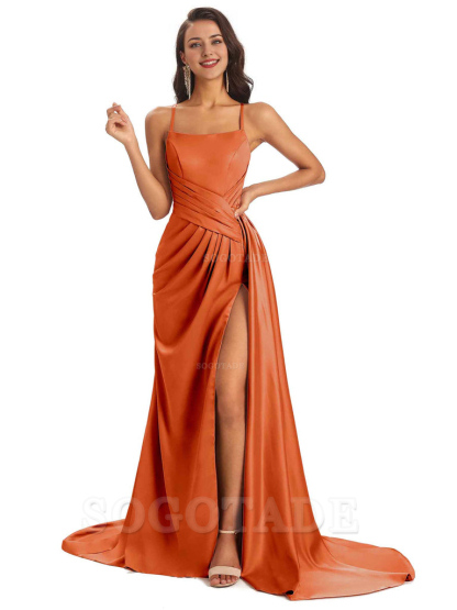 Sexy Soft Satin Side Slit Spaghetti Straps Long Maxi Bridesmaid Dresses prom shop dresses