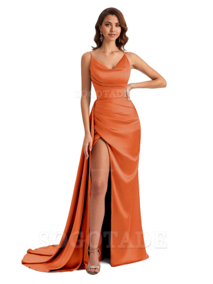 Mermaid Cowl Spaghetti Satin formal dresses evening gown Bridesmaid Dresses With Side Slit