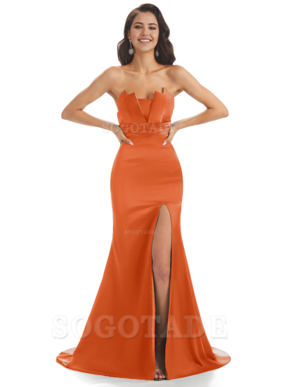 Mermaid sleeveless Satin formal dresses evening gown Bridesmaid Dresses With Side Slit 