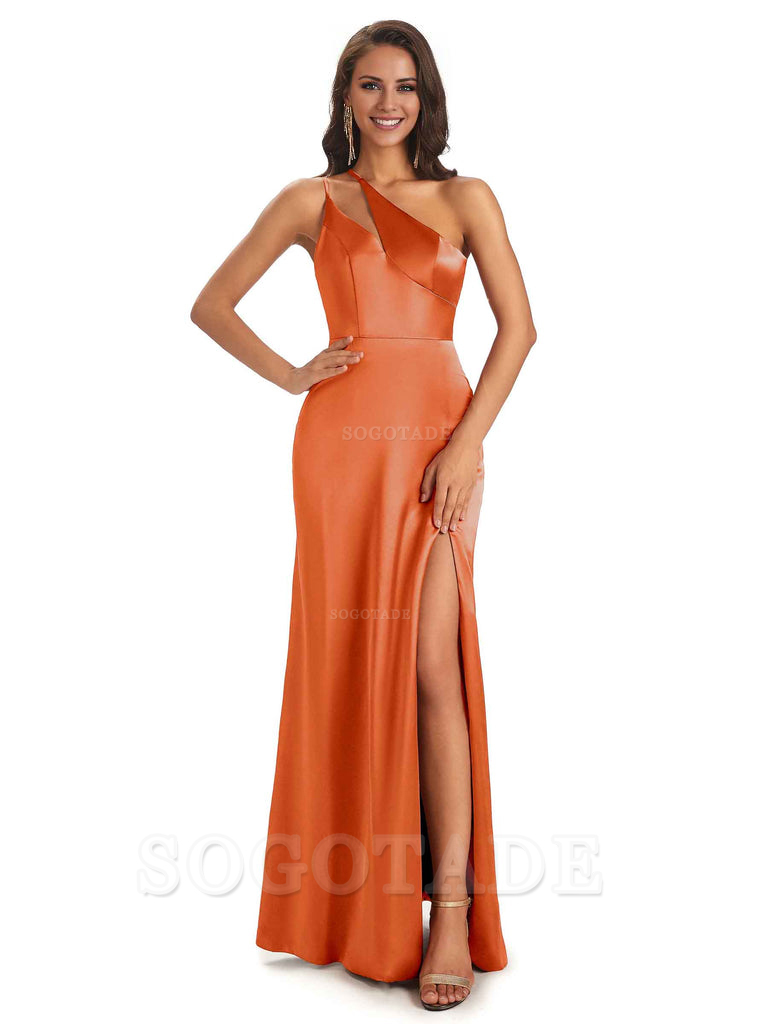 Sexy Soft Satin Side Slit One Shoulder Floor-Length Mermaid Long Bridesmaid Dresses Elegant Evening Party Dress