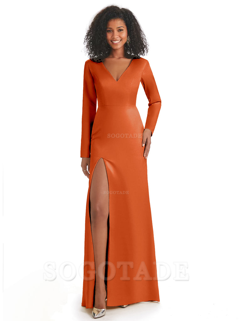 Soft Satin Side Slit Long Sleeves V-Neck Long African Mermaid Bridesmaid Dresses Elegant Evening Party Dress