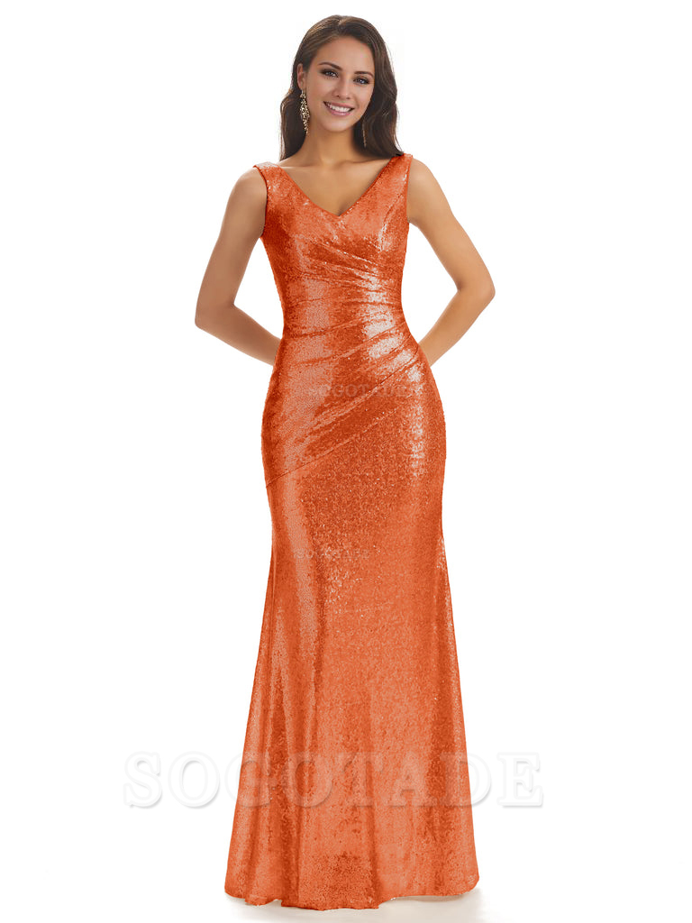 Sexy Sequin V-Neck Sparkly Long Mermaid Bridesmaid Dresses Charming Evening Party Dress