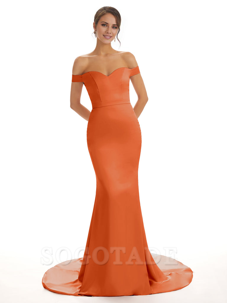 Elegant Off The Shoulder Satin Long Mermaid Bridesmaid Dresses